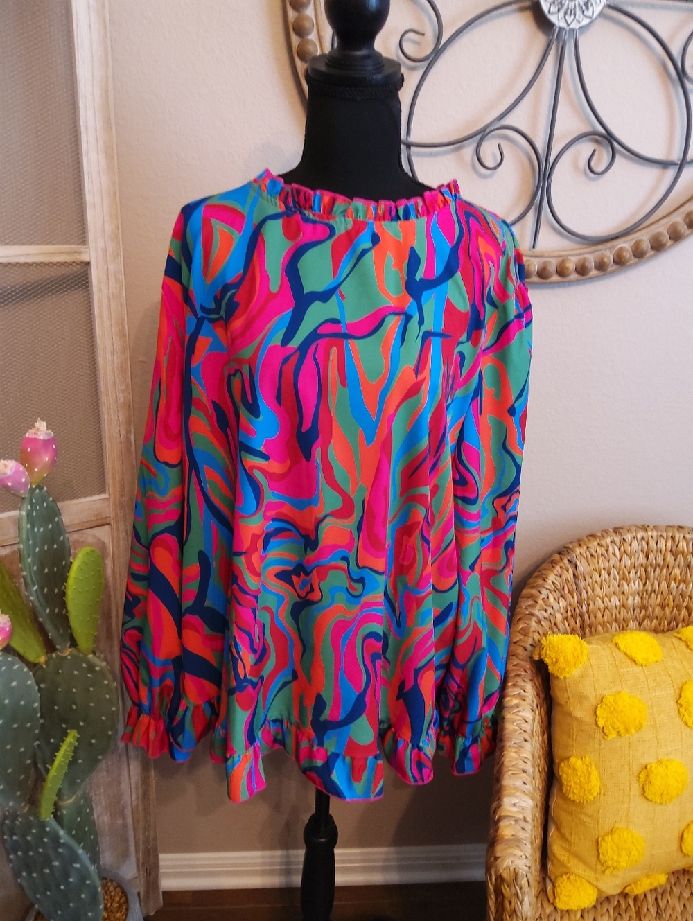 Vibrant Multicolor Abstract Print Long-Sleeve Top
